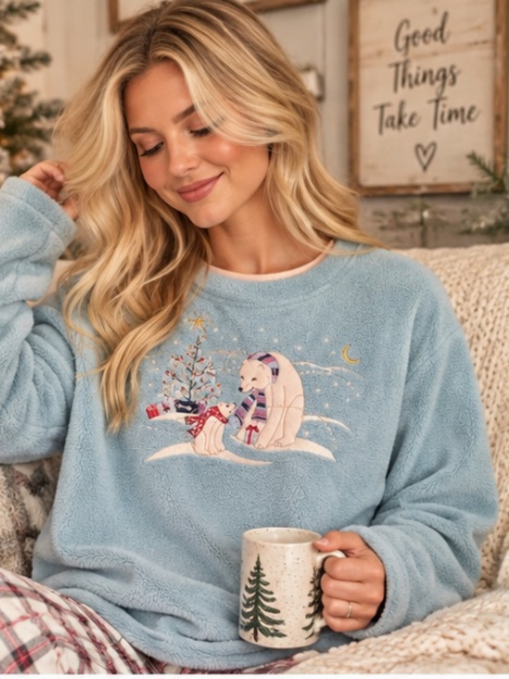 Vintage Womens XL 16/18 Fleece Pullover Polar Bear Christmas Winter Embroidered